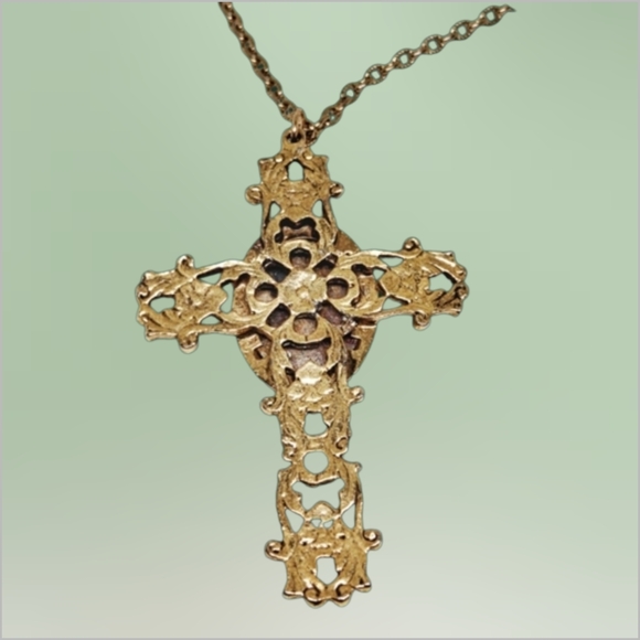 Gold-Tone Ornate Cross Necklace with Natural Stone Cabochon - Picture 5 of 7